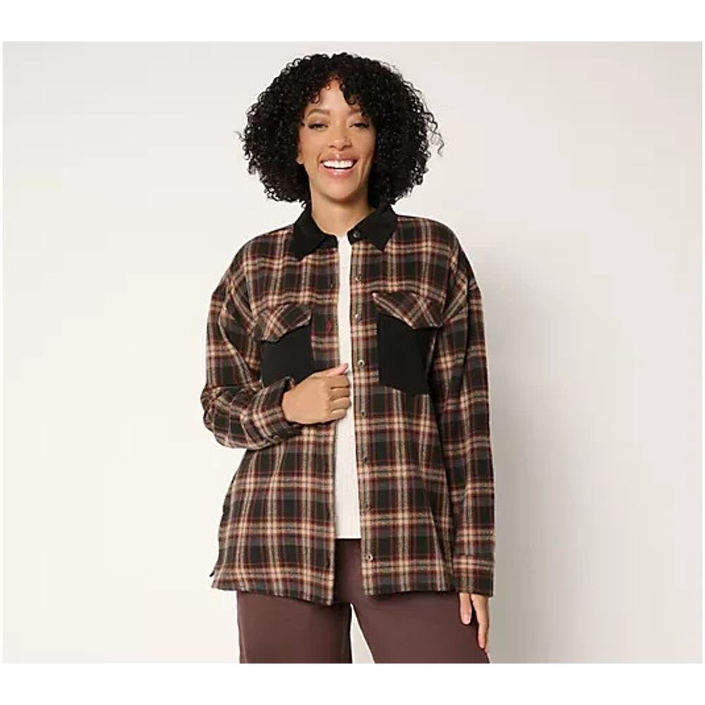 Peace Love World Brushed Flannel Plaid Jacket w/ Corduroy Collar Black M A704645